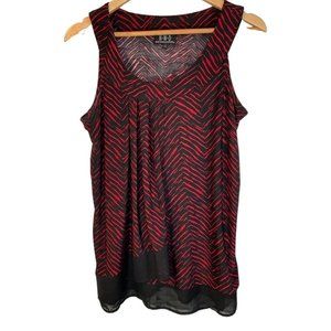 Ladies Large : Red/Black Graphic Print Yoke Neck Top w/ Sheer Hem Detail